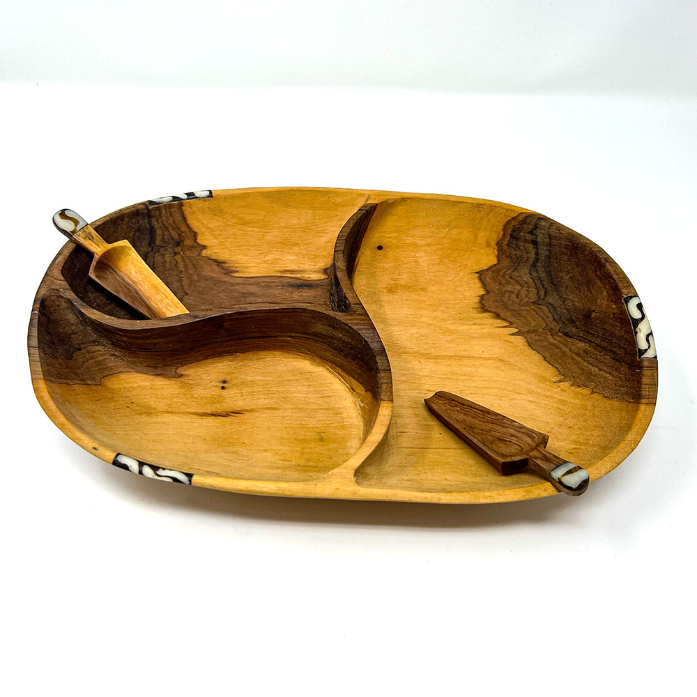 Triple Appetizer Olive Wood Snack Bowl
